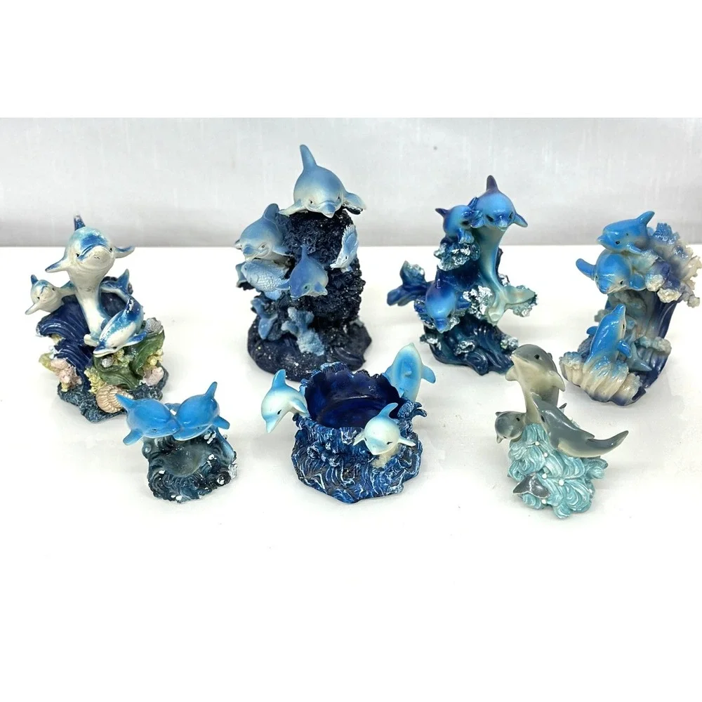 Marine Sea Ocean Set of 7 Blue Dolphins Swimming Over Giant Reef Waves Figurine
